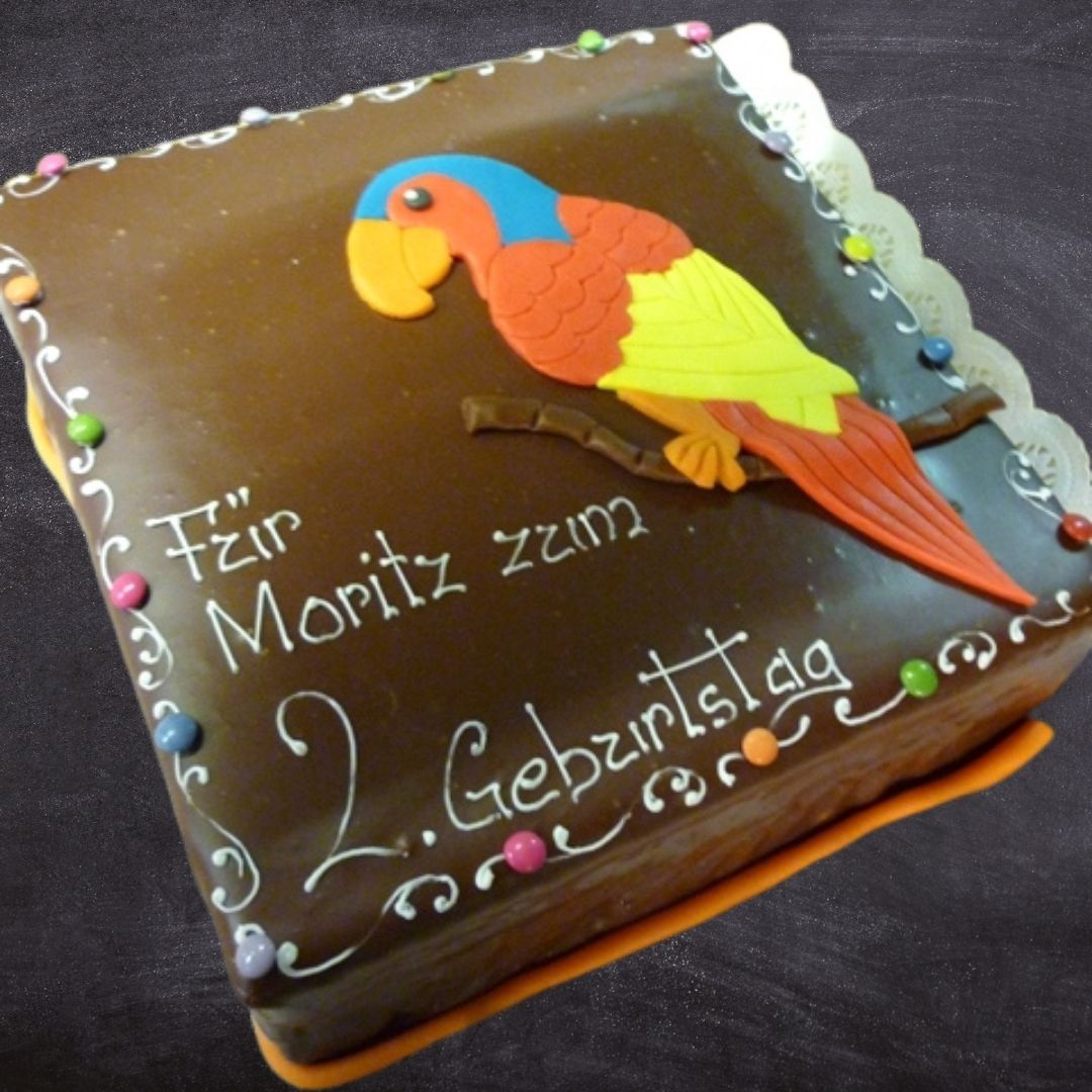 Moritz hat sich eine Papageientorte mit Schokoladeguss zum 2. Geburtstag gewünscht - und bekommen.
